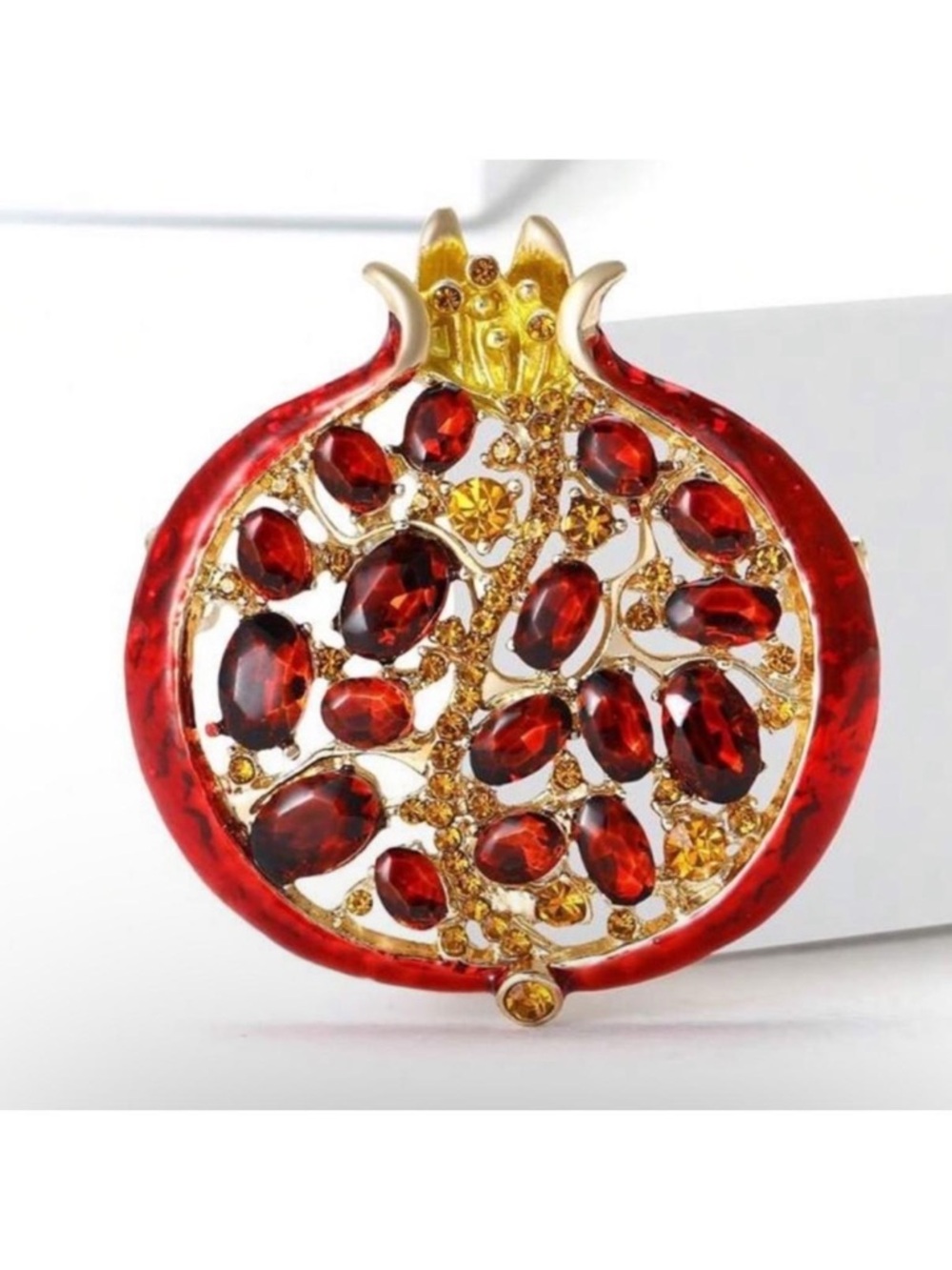 Whimsical Pomegranate Brooch Red Gold Rhinestone Pin